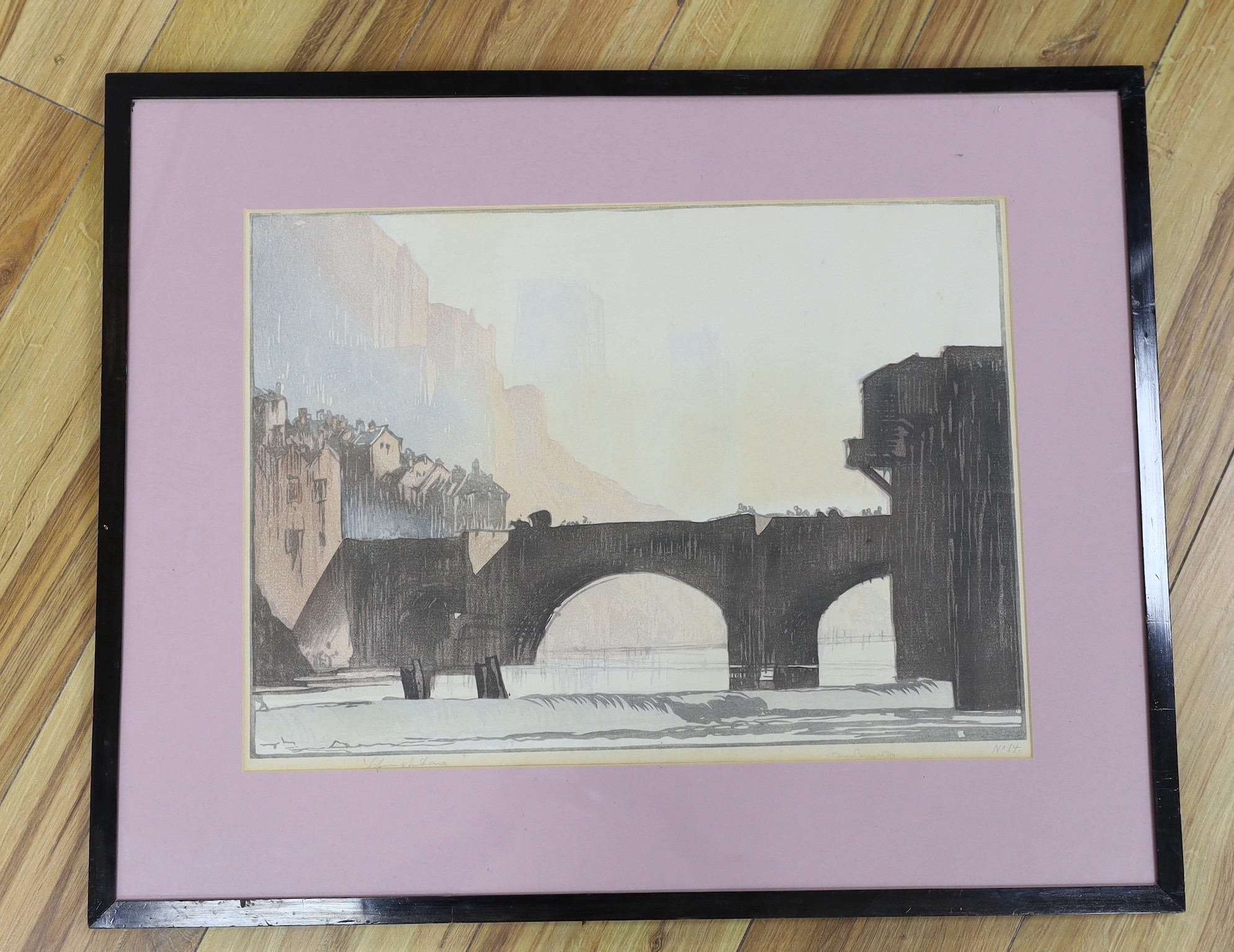 Frank Brangwyn RA RWS RBA (1867-1956) and Yoshiyuro Urushibara Mokuchu (Japanese 1888-1953), woodblock print, Durham Cathedral and Bridge, signed by both artists and numbered 64, 38 x 51cm